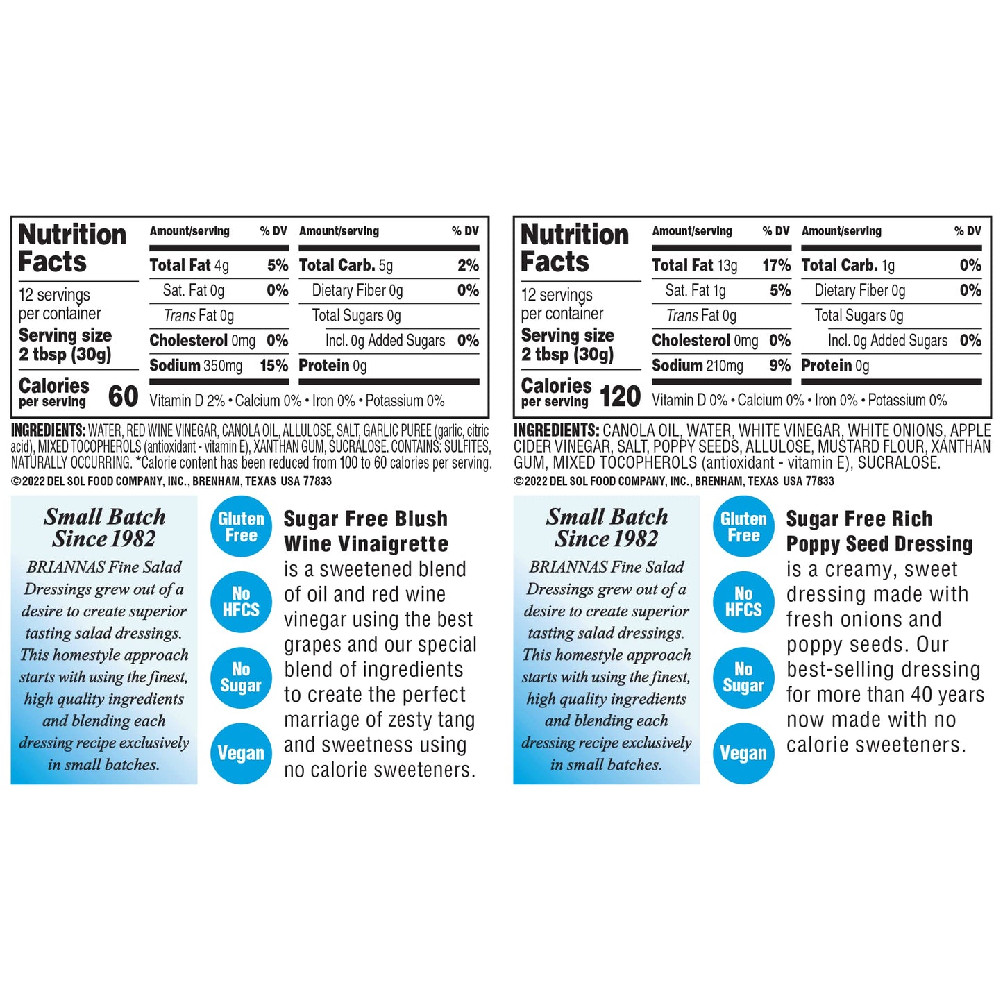 Briannas Sugar Free Rich Poppy Seed Dressing & Blush Wine Vinaigrette, 12 oz. Bottles, Gluten Free, Kosher, Pack of 3