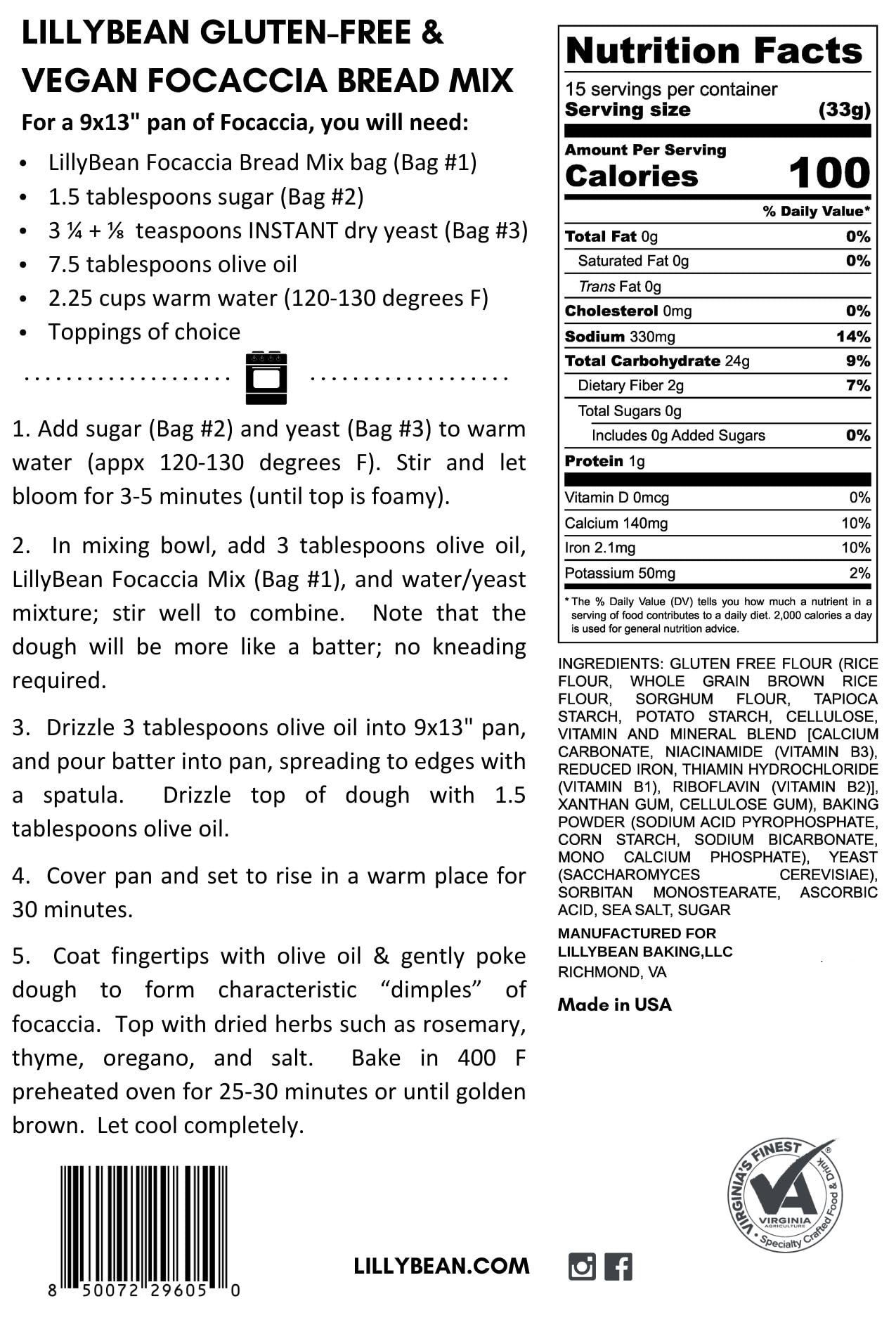 LillyBean Gluten Free Focaccia Bread Mix - Vegan, Dairy & Soy Free, 16oz