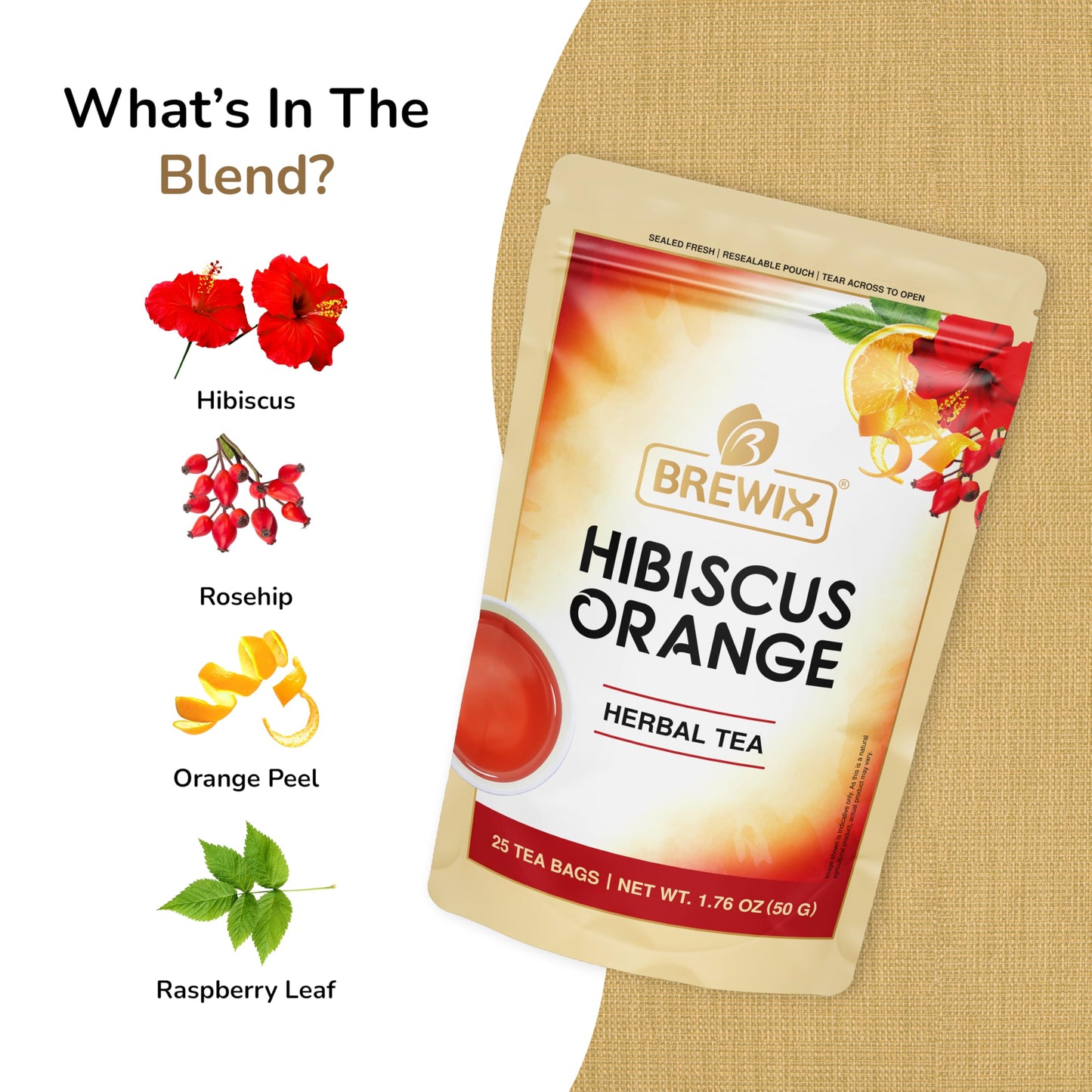 BREWIX Hibiscus Orange Tea Bags - Caffeine-Free Herbal Tea, 25 Plant-Based Bags