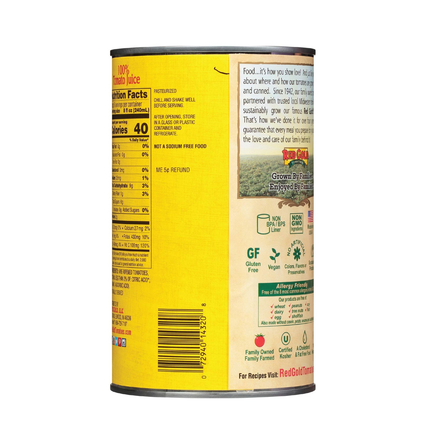 Red Gold Fresh Tomato Juice, No Salt Added, Kosher and Gluten Free, 46 Ounce Can, 2-Pack