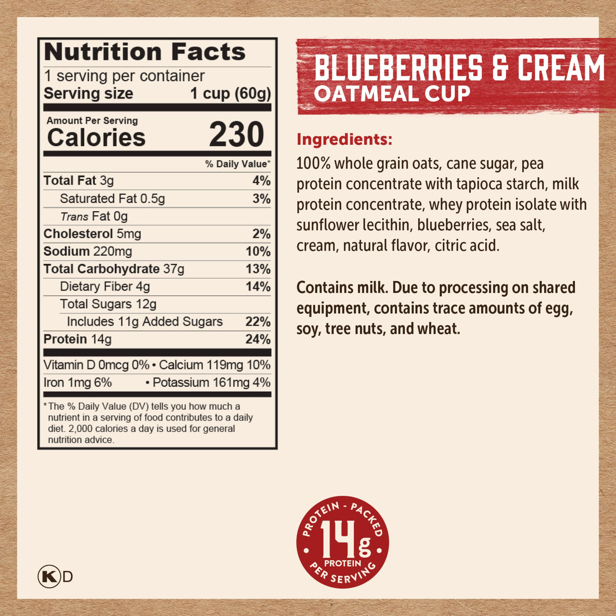 Kodiak Instant Oatmeal Cups, Blueberries & Cream, High Protein, 100% Whole Grains, (12 cups)