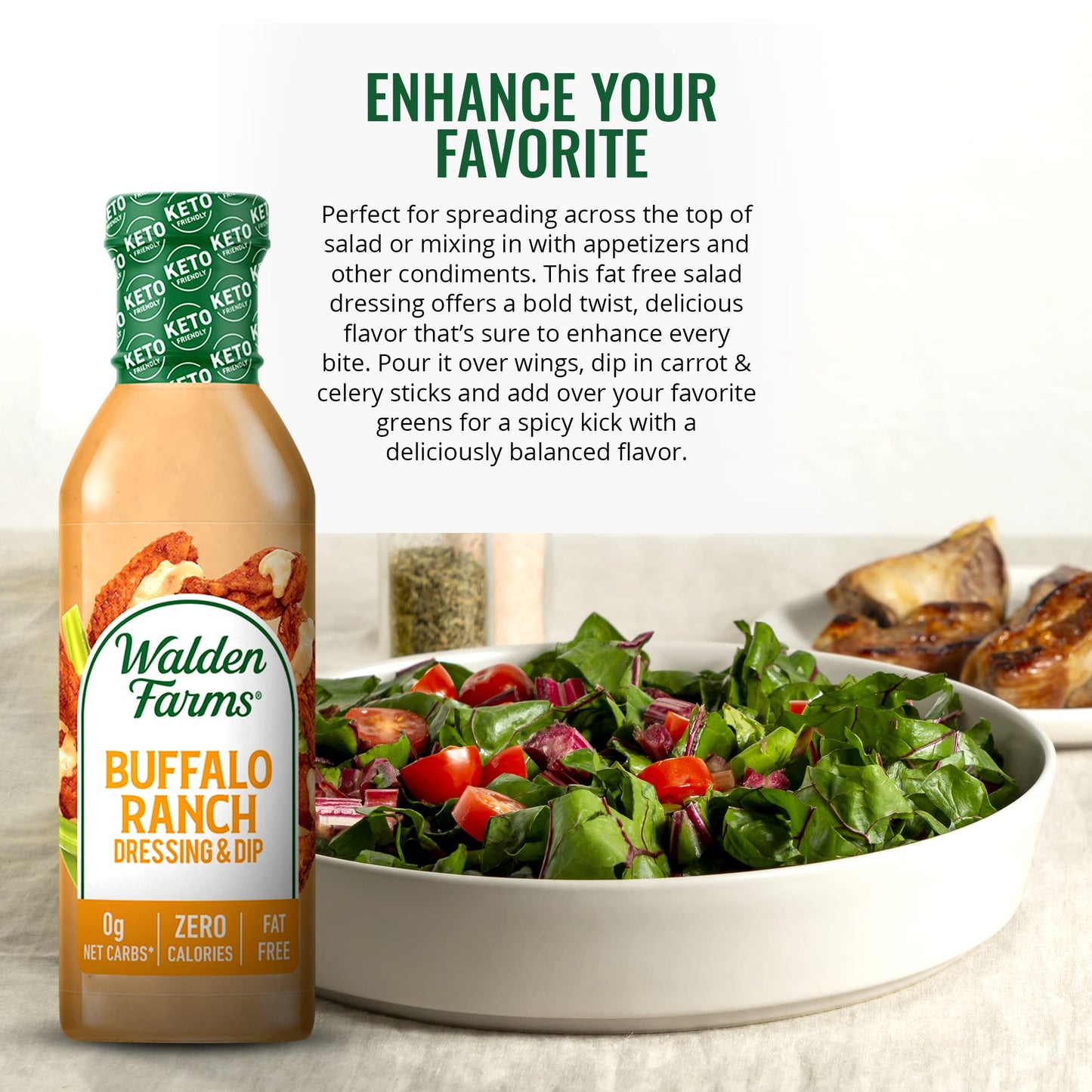 Walden Farms Buffalo Ranch Dressing & Dip - Calorie-Free, Gluten-Free, Low Carb, Keto-Friendly, Sugar-Free, Bold Buffalo & Ranch