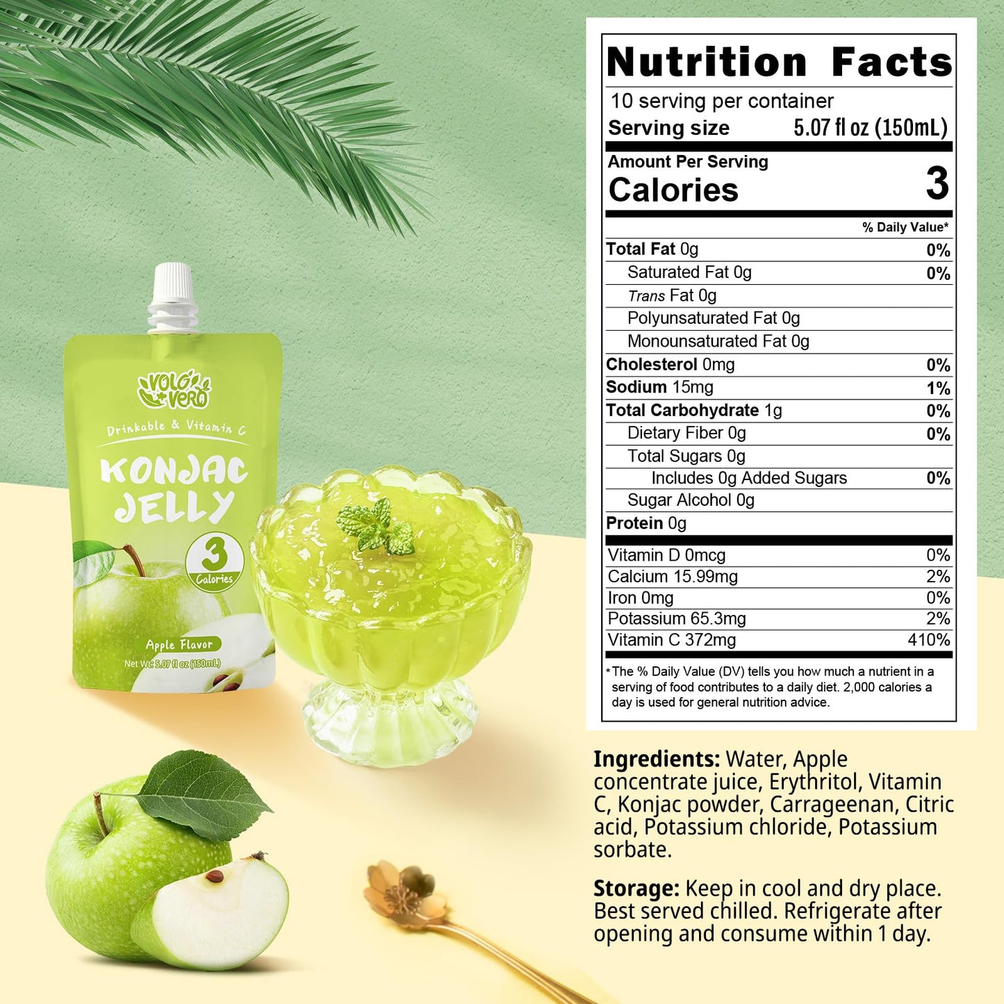 VOLO VERO Konjac Jelly Squeeze Pouch Apple Flavor, Low Calories (3 Kcal), 10 Packs, Gluten Free & Vegan, 0 Sugar, Keto, Low Carb