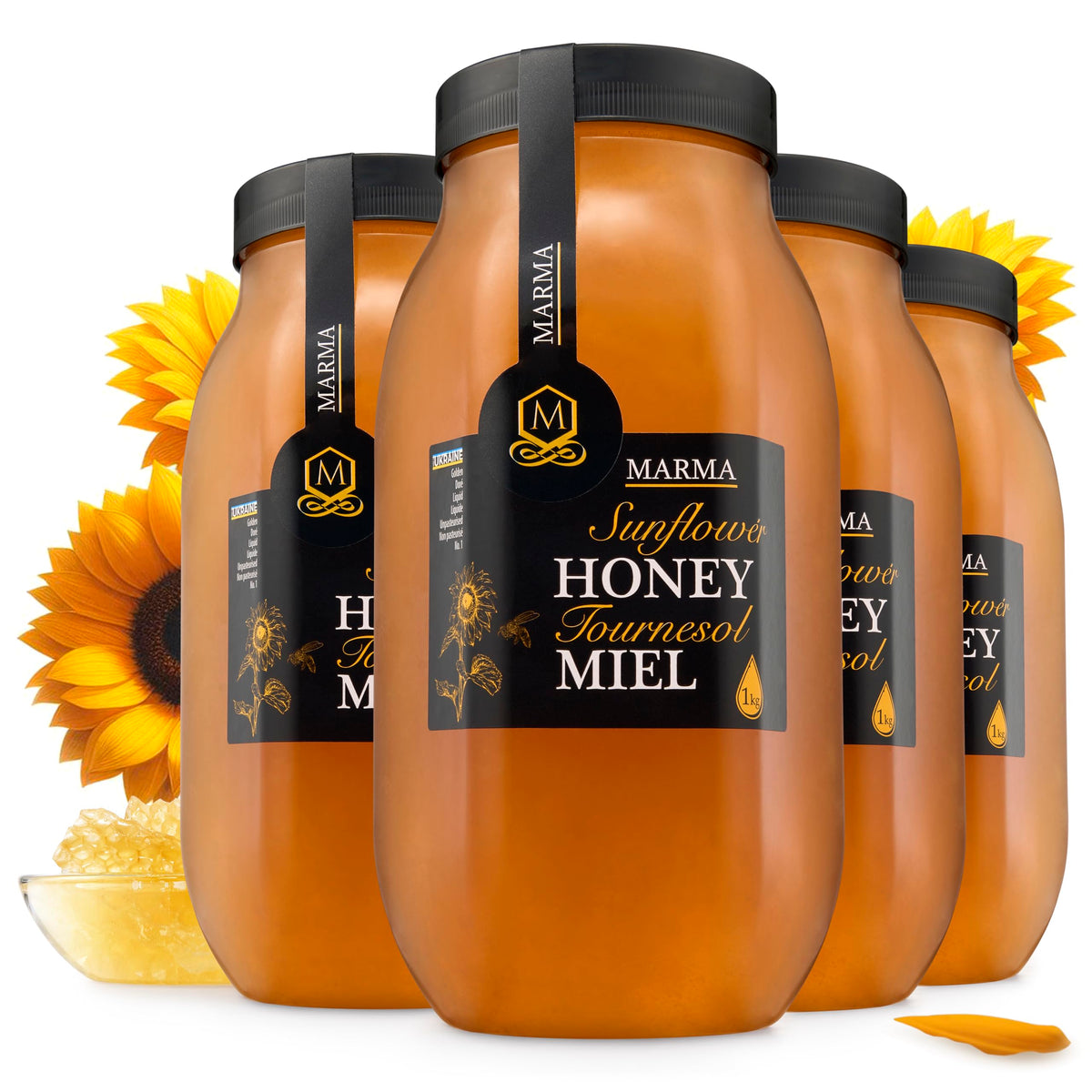 Honigma Marma Sunflower Honey | Authentic Raw Honey From Ukraine | 100% Pure  Unpasteurized & Fully Crystallized | 1000G/35.2Oz | Naturally Solid Texture | Pack Of 4