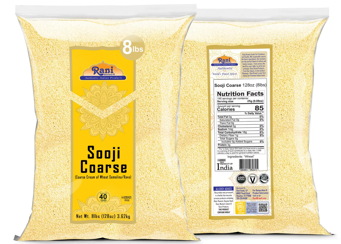 Rani Sooji Coarse (Farina, Suji, Rava, Rawa, Wheat Semolina) Flour 128Oz (8Lbs) 3.63Kg Bulk ~ All Natural | Vegan | Non-Gmo | Kosher | Indian Origin