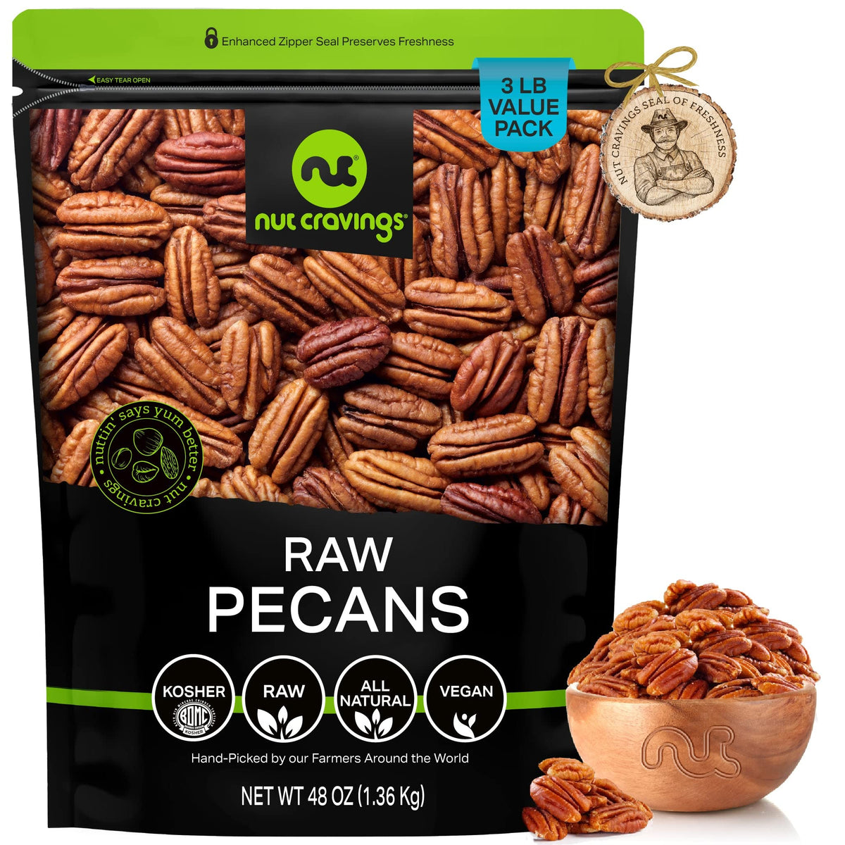 NUT CRAVINGS - Raw Pecans Halves & Pieces, Unsalted, Shelled, (48oz - 3 LB) Bulk Nuts Packed Fresh in Resealable Bag - Kosher He