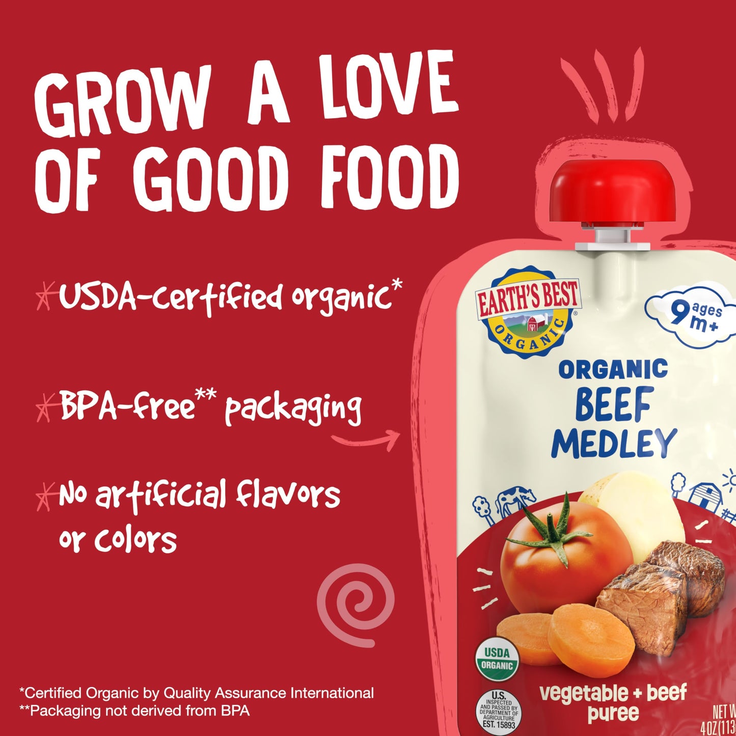 Earths Best Organic Baby Food Pouches, 9+ Months, Beef, Vegetable, And Rice Puree For Babies 9 Months And Up, Organic Beef Medley, 4 Ounce Resealable Pouch (Pack Of 12)