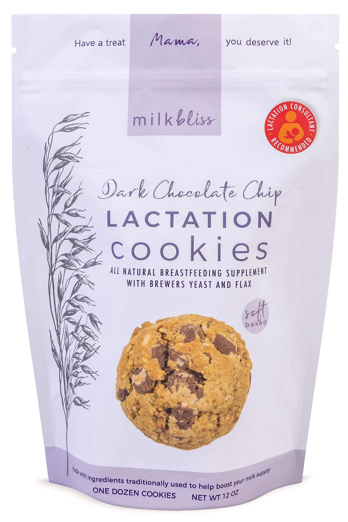 MilkBliss Dark Chocolate Chip Oatmeal Cookies with Brewers Yeast, 12 oz, Lactation Support for Breastfeeding