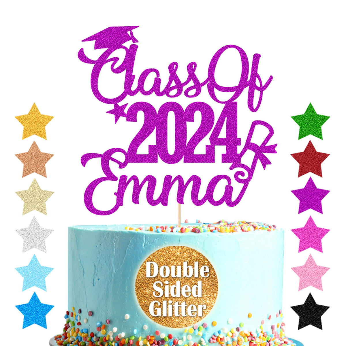 Personalized Cake Topper Custom Congrats Graduation Hat Student Class Of 2024 Double Sided Glitter Card Purple