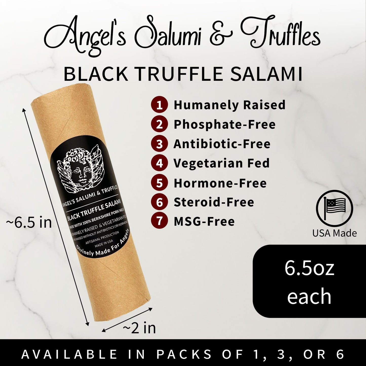 ANGELS SALUMI Black Truffle Salami - Gourmet Charcuterie, 6.5oz (Pack of 3), Humanely Raised Pork,    &  -Free