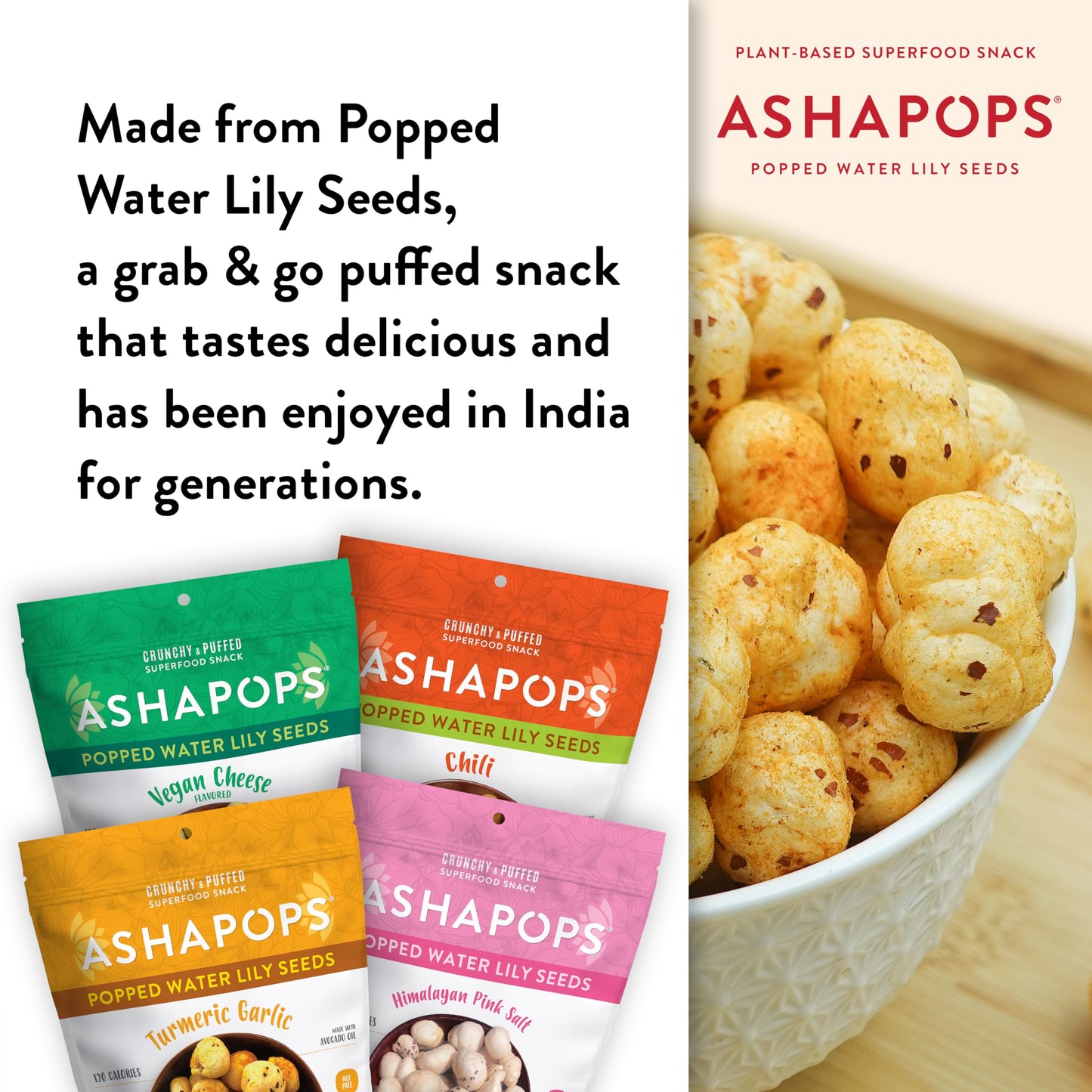 AshaPops Popped Water Lily Seeds Variety Pack - Gluten Free, Vegan, 1 oz (Pack of 4 Bags)