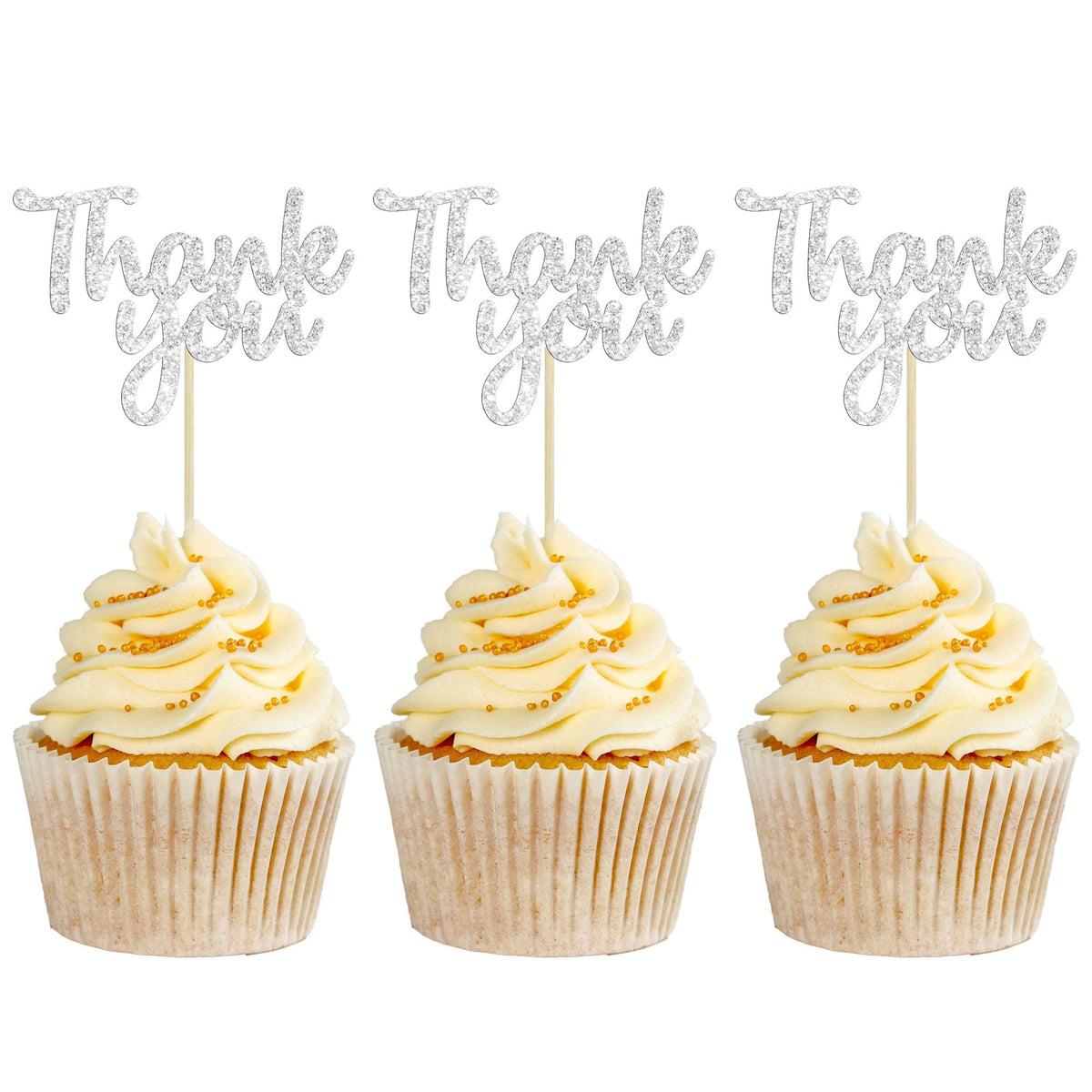 Gyufise 36 Pack Thank You Cupcake Toppers Silver Glitter Thanksgiving Cupcake Picks Decorations For Baby Shower Boys Girls Birthday Party Supplies 