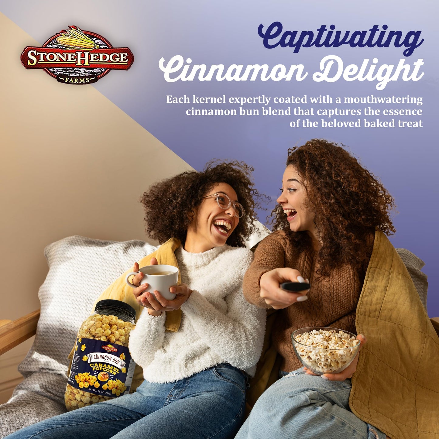 Stonehedge Farms Cinnamon Bun Flavored Popcorn - 28 Oz Large Tub - Bulk Gourmet Deliciously Old Fashioned Popped Sweet Snacks -