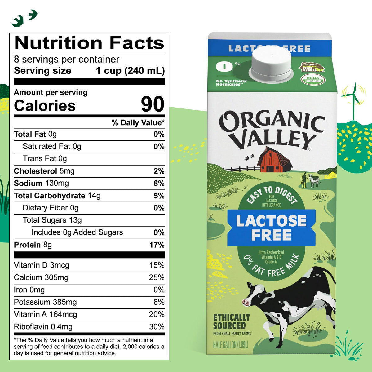 Organic Valley Fat Free Milk, Ultra Pasteurized, Lactose Free, 64 Fl.Oz