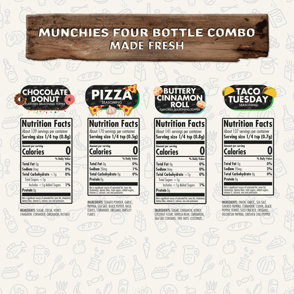 Flavor God Munchies Combo Pack Of 4, Seasoning Gift Set, Taco Tuesday, Pizza, Buttery Cinnamon Roll, Chocolate Donut, Natural He
