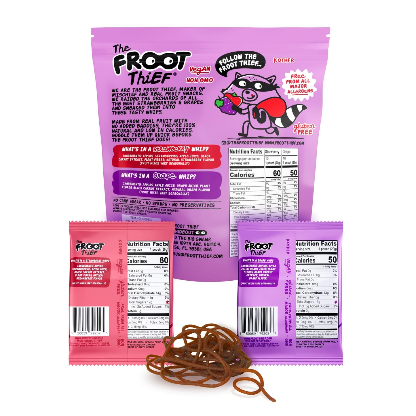 The FROOT Thief Real Fruit Snack Whips BIG Variety Pack, Nut Free, Individual Bags for Kids School Lunches, 10xStrawberry, 10xGr