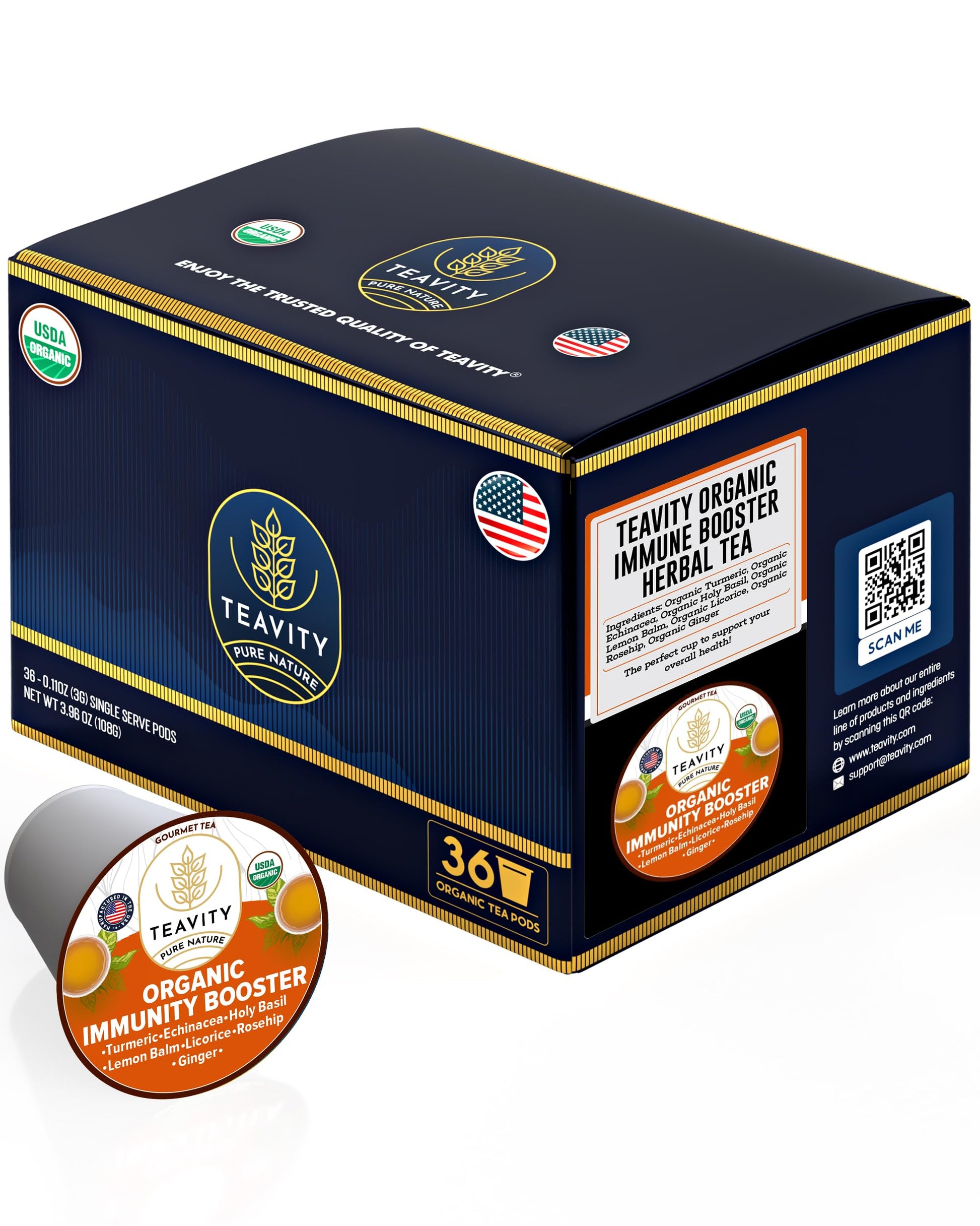 Teavity Organic Ginger Tea Pod with Echinacea, Turmeric, Licorice, Decaf, 36 Count
