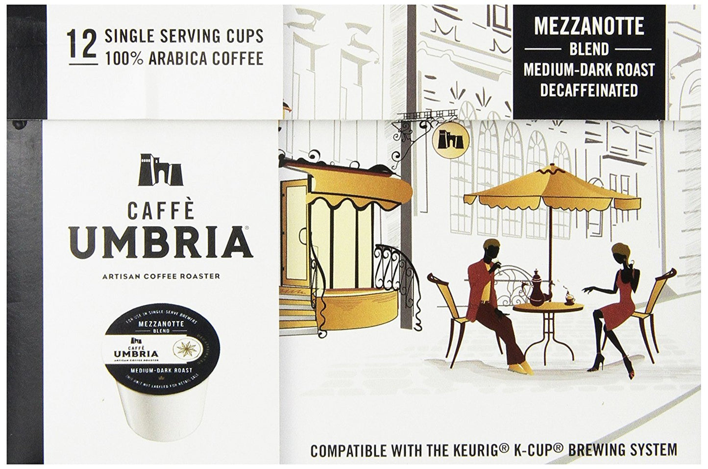 CAFFÈ UMBRIA Single Serving Coffee Cups, Mezzanotte Decaf Blend, 12 Count
