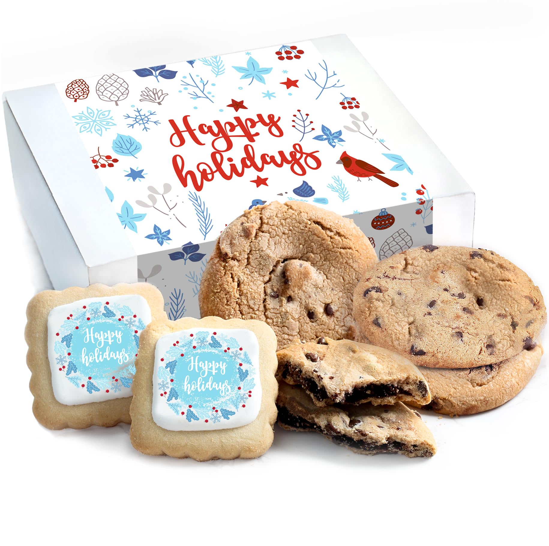 Happy Holidays Gift Basket Cookies Chocolate Chip Cookie Fudge Filled For Men Women Kids | INDIVIDUALLY WRAPPED | Large Cookies 