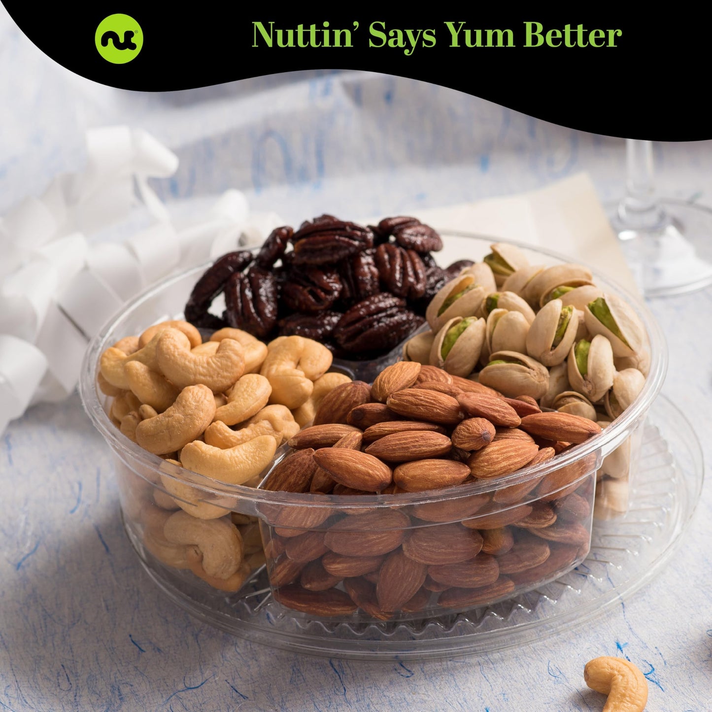 Nut Cravings Gourmet Collection - Rosh Hashana & Shana Tova Mixed Nuts Gift Basket + Green Ribbon (4 Assortments) Arrangement Pl