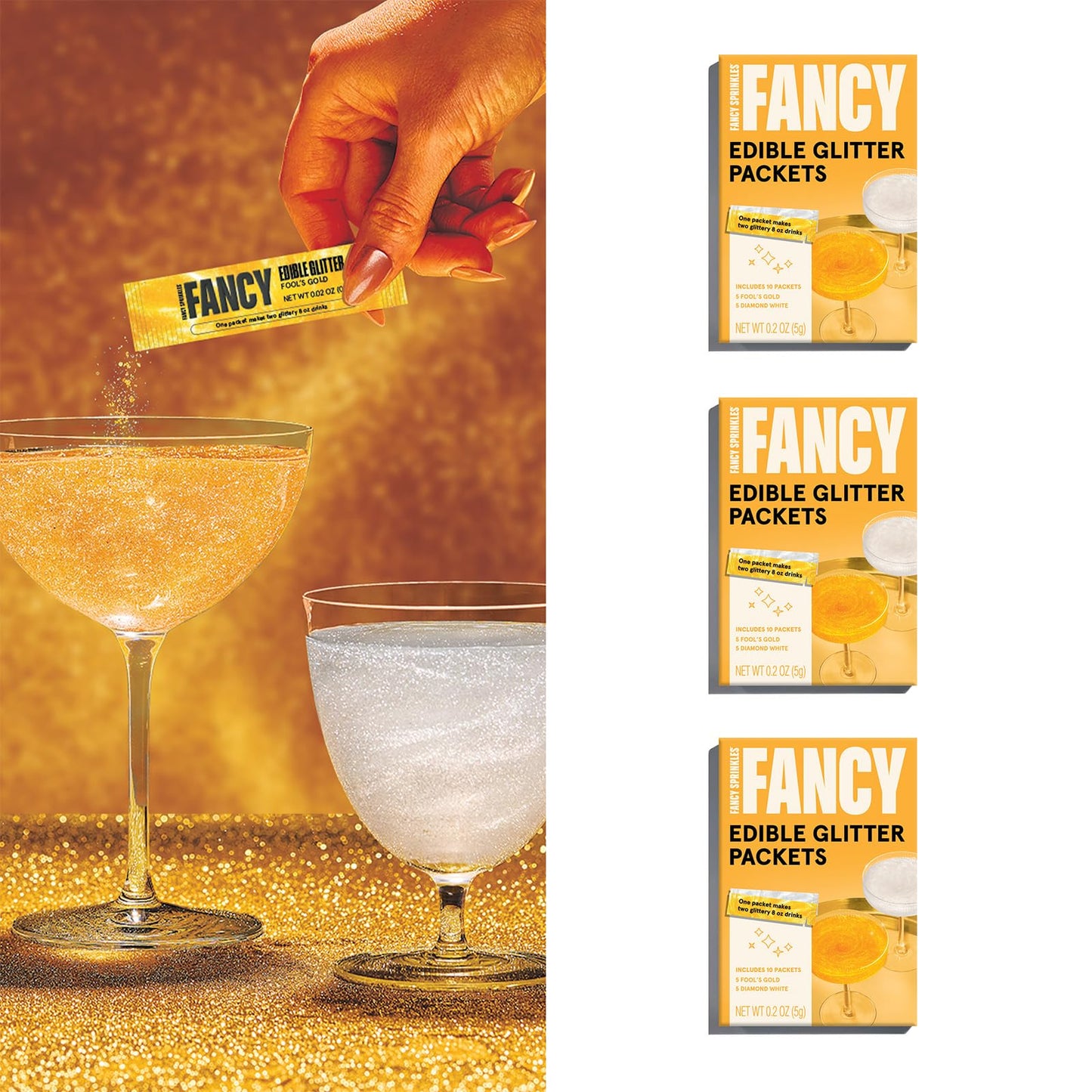 Fancy Sprinkles Edible Glitter Packets for Drinks, 3 Pack, Fools Gold & Diamond White