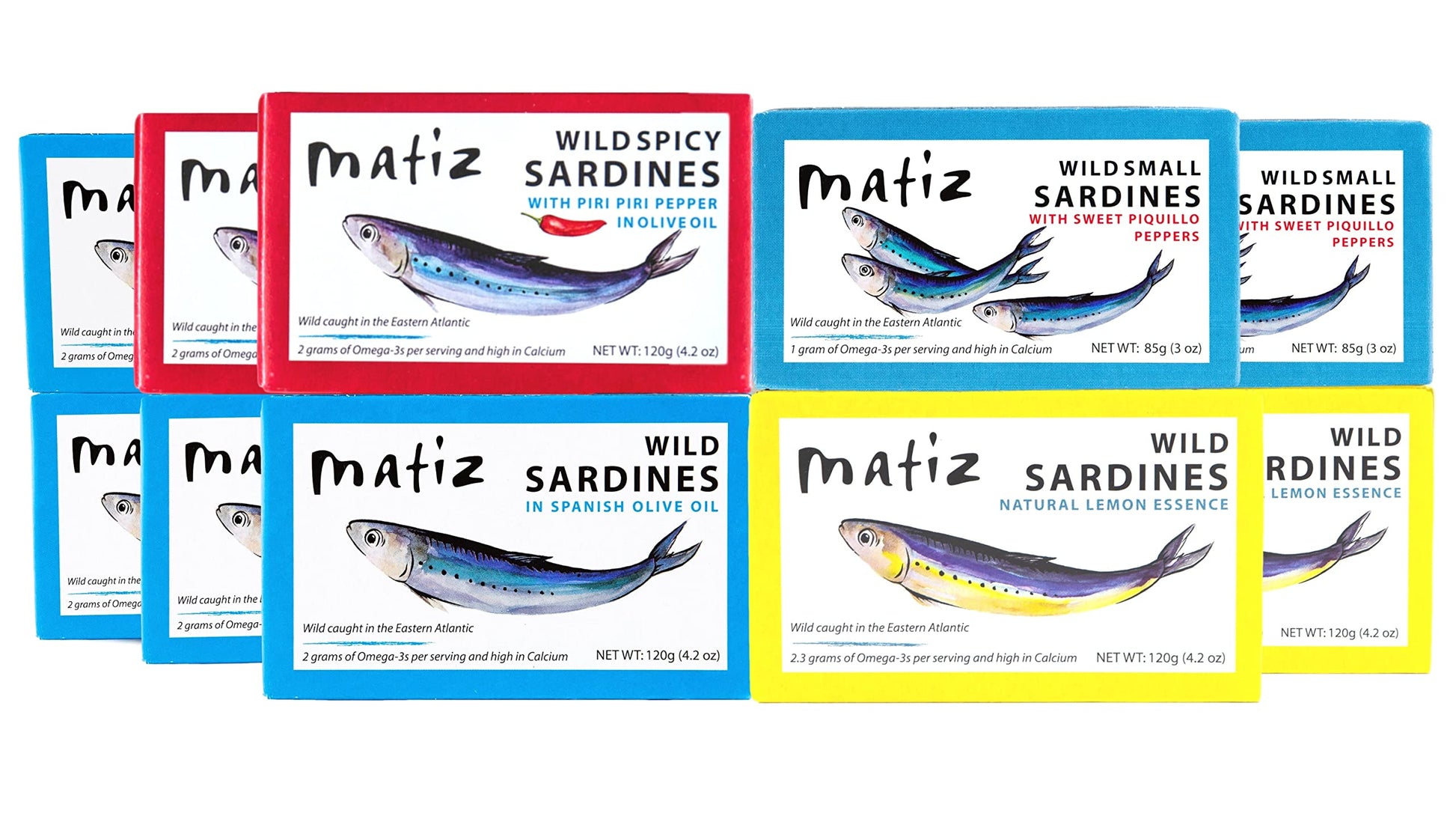 Matiz Sardines Variety Pack, Wild Caught Spanish Waters | 10 Tins | In Olive Oil, Sweet Piquillo Pepper, Spicy Piri Piri Pepper 