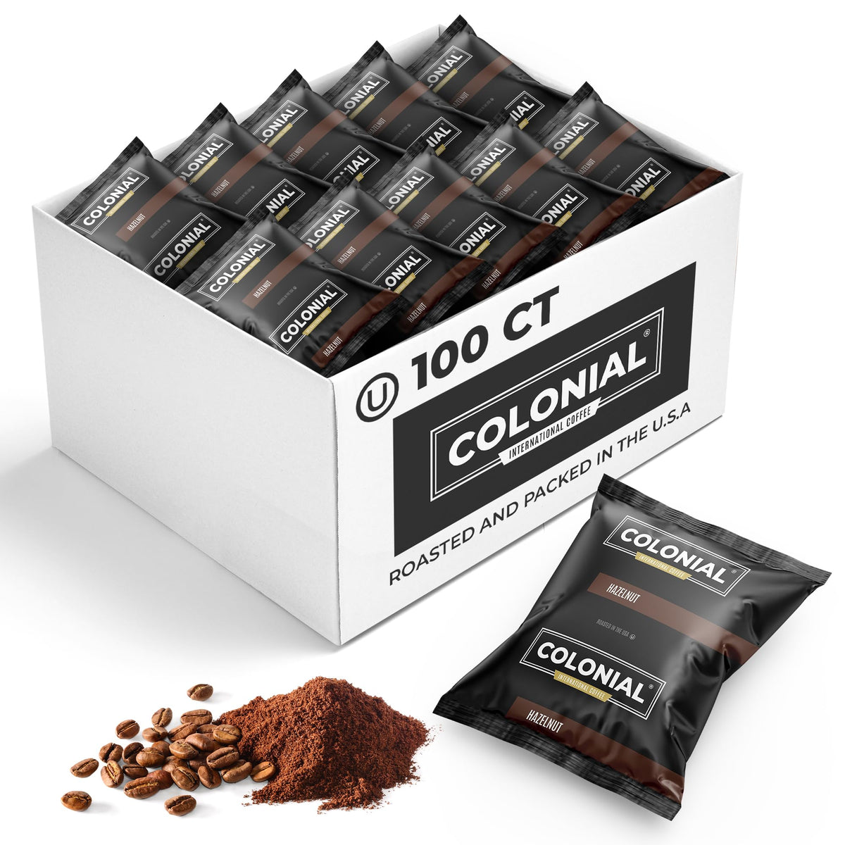 COLONIAL INTERNATIONAL COFFEE Pre Ground Hazelnut Cream Coffee Packets, Bulk 2.5 oz Bags, Pack of 100