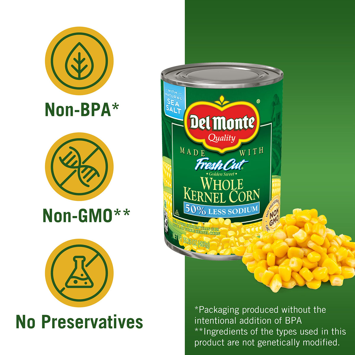 Del Monte FRESH CUT 50% Reduced Sodium Golden Sweet Whole Kernel Corn, Canned Vegetables, 12 Pack, 15.25 oz Can