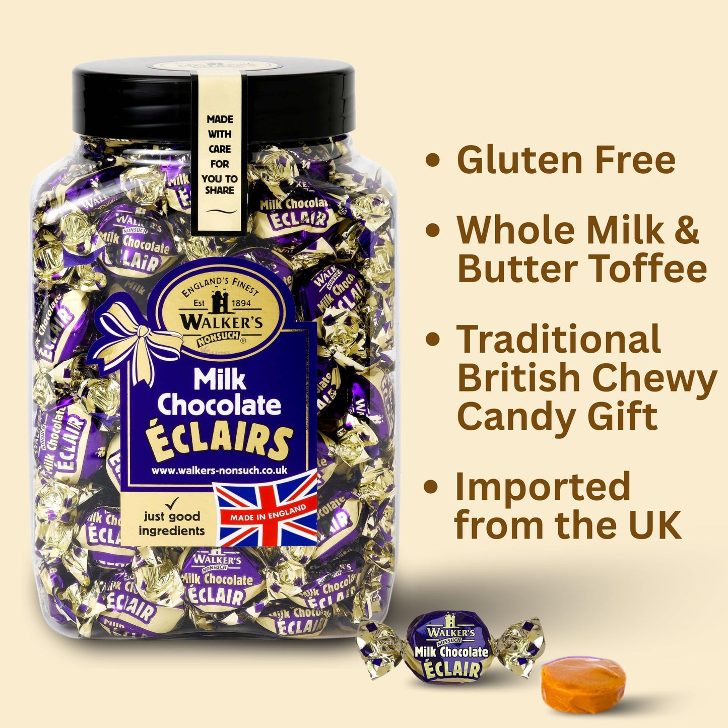 Walkers Nonsuch English Milk Chocolate Toffee Eclairs Jar, Whole Milk & Butter Toffee Sweets – Traditional British Chewy Candy Gift, Gluten Free, Imported From Uk, 44.09 Oz (1.25 Kg)
