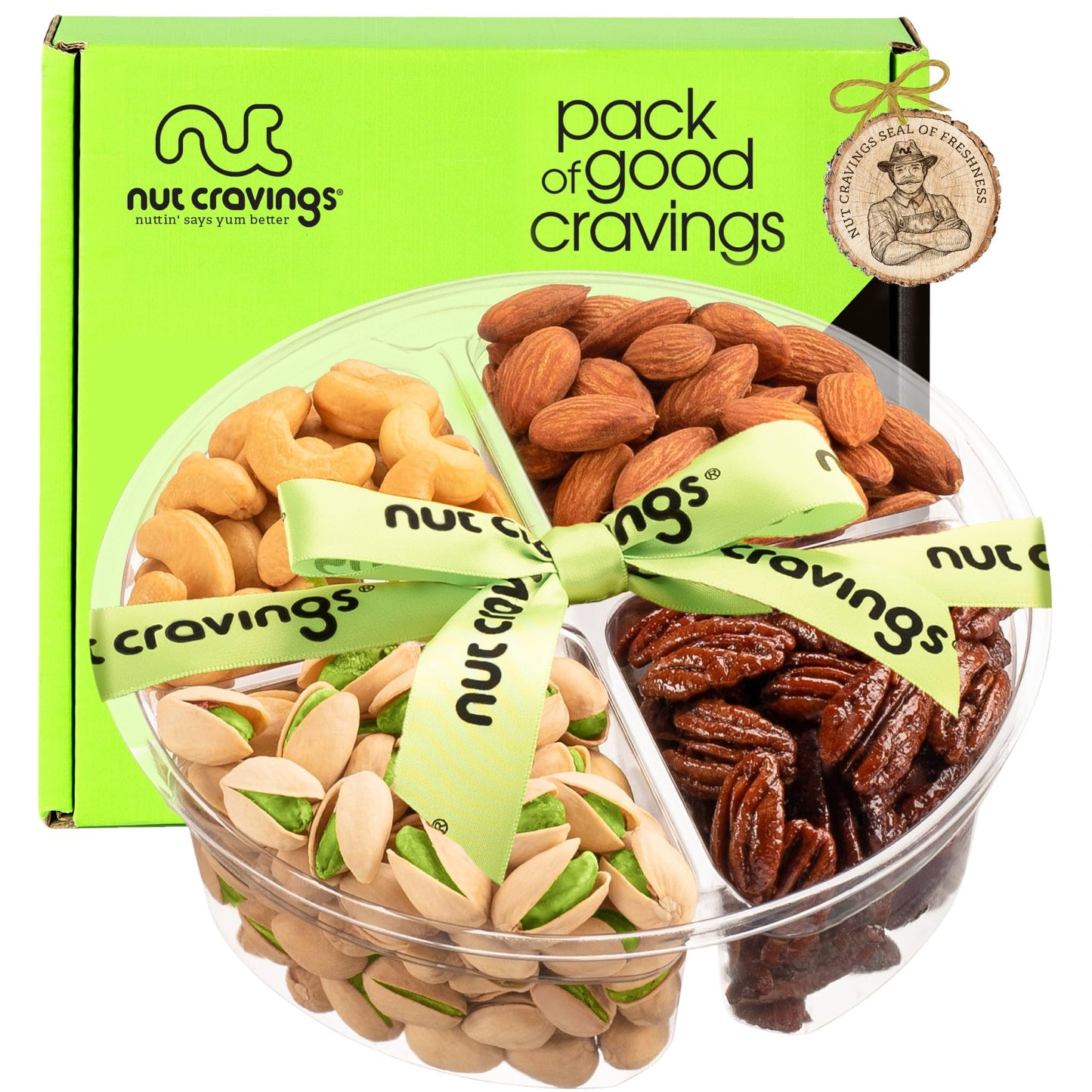 Nut Cravings Gourmet Collection - Rosh Hashana & Shana Tova Mixed Nuts Gift Basket + Green Ribbon (4 Assortments) Arrangement Pl