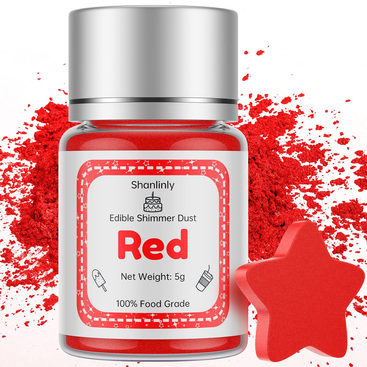 Shanlinly Red Edible Luster Dust - 5 Grams Food Grade Cake Dust Shimmer Powdered, Edible Metallic Powder Food Coloring for Cake 