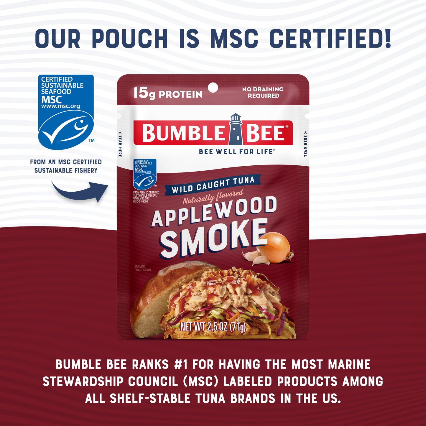 Bumble Bee Applewood Smoke Seasoned Tuna Pouch - 2.5 oz - Wild Caught, Gluten Free, 15g Protein