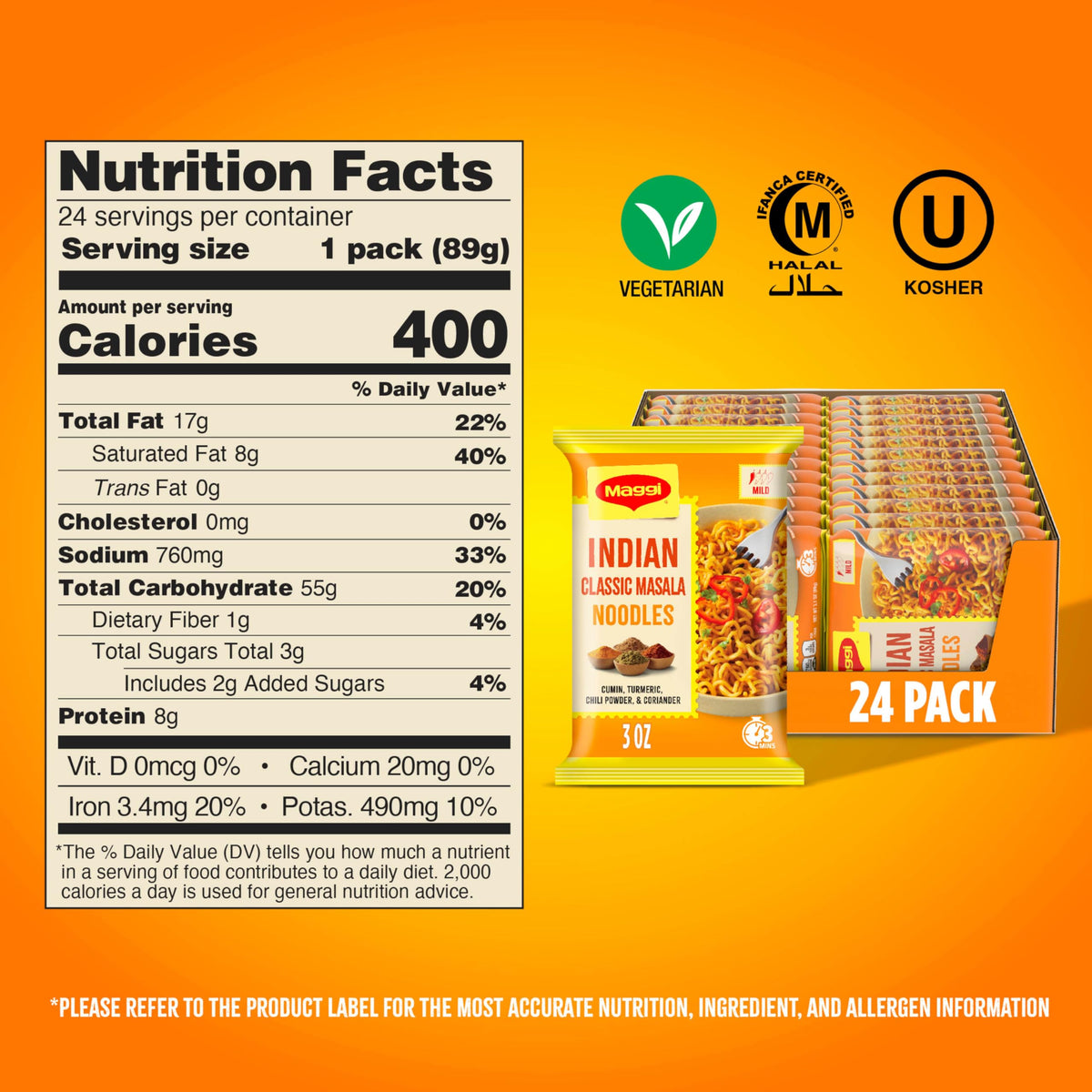 Maggi Indian Classic Masala Noodles, Instant Ramen Noodles Pack, 3 min, Mildly Spicy, Vegetarian, Halal, Kosher, 24 Pack