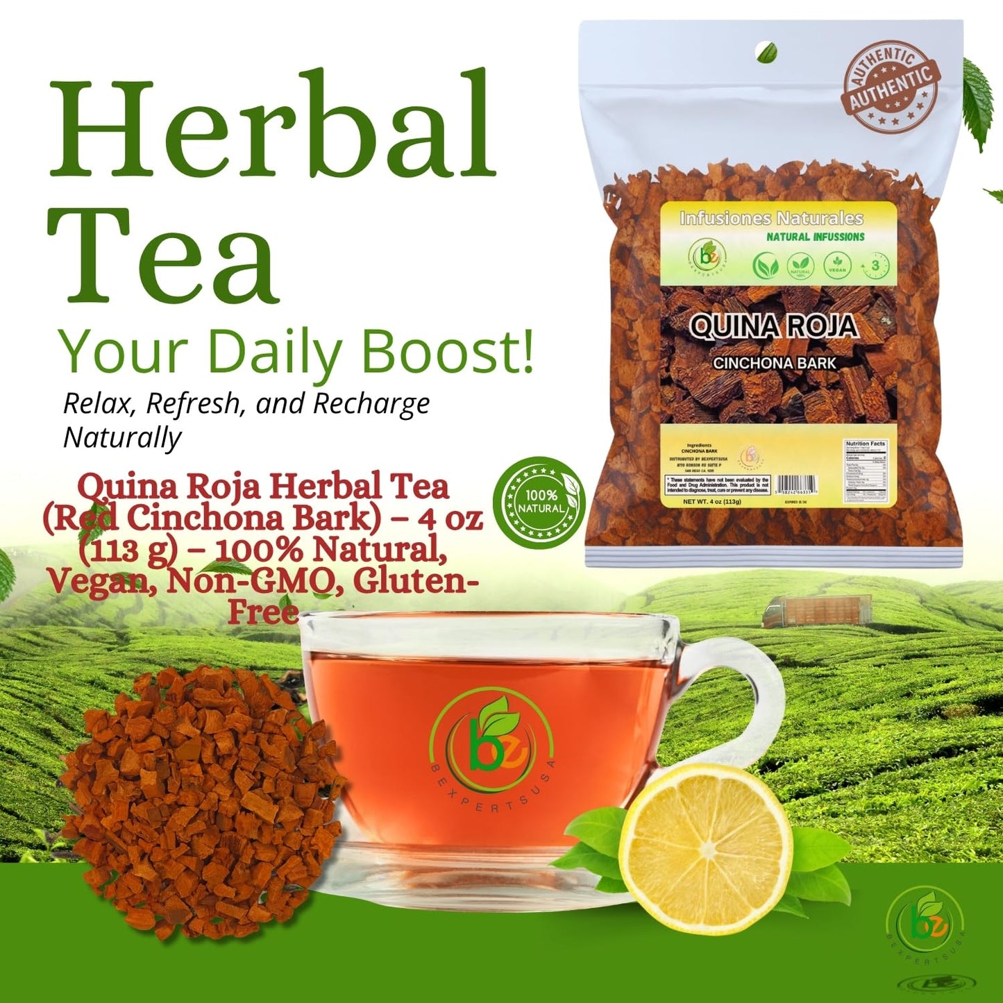 Quina Roja Herbal Tea (Red Cinchona Bark) - 4 oz (113 g) - 100% Natural  Vegan  Non-GMO  Gluten-Free  Wildcrafted Herbal Tea - Crafted by Nature - Authentic & Fresh Loose Leaf Tea - by BexpertsUSA