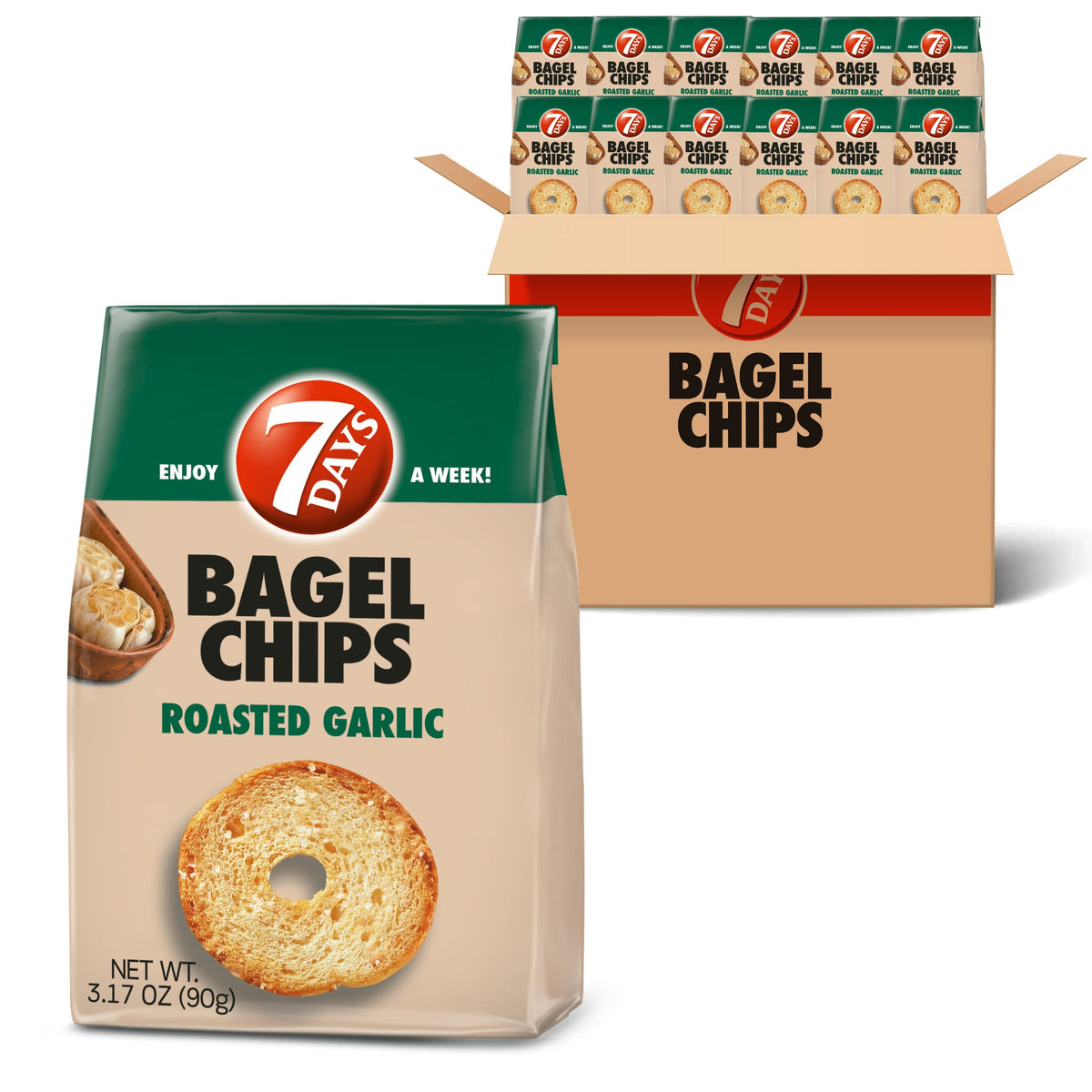 7Days Bagel Chips, Roasted Garlic, Natural, Non-GMO (3.17oz, Pack of 12)