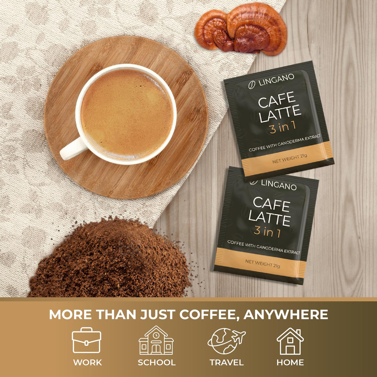 Lingano Ganoderma Cafe Latte 3 In 1 Instant Reishi Mushroom Coffee - 20 Sachets