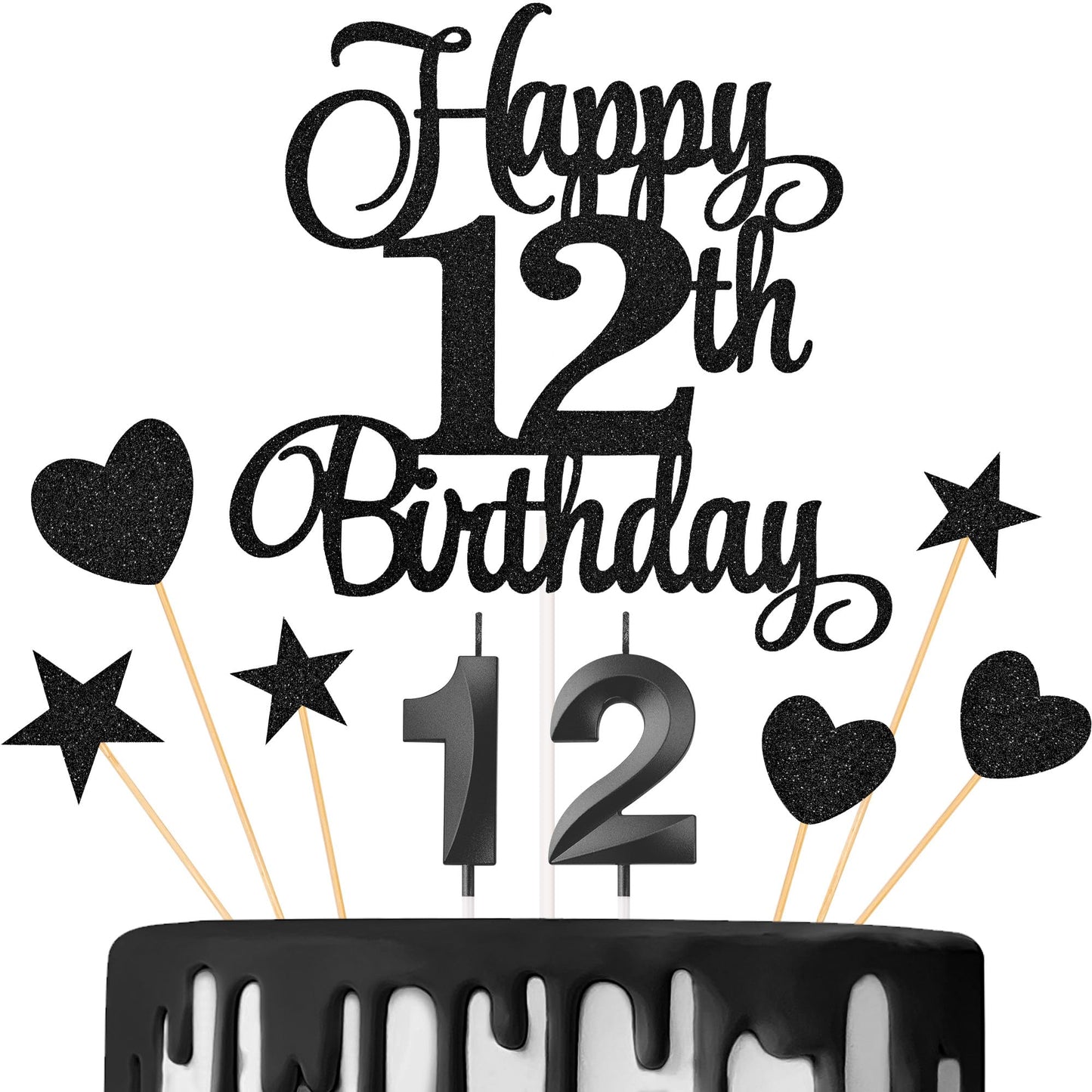 Lecferrarc 12th Birthday Cake Decorations Set, Glitter Happy 12th Birthday Toppers, Black, Paper, Includes Numeral Candles