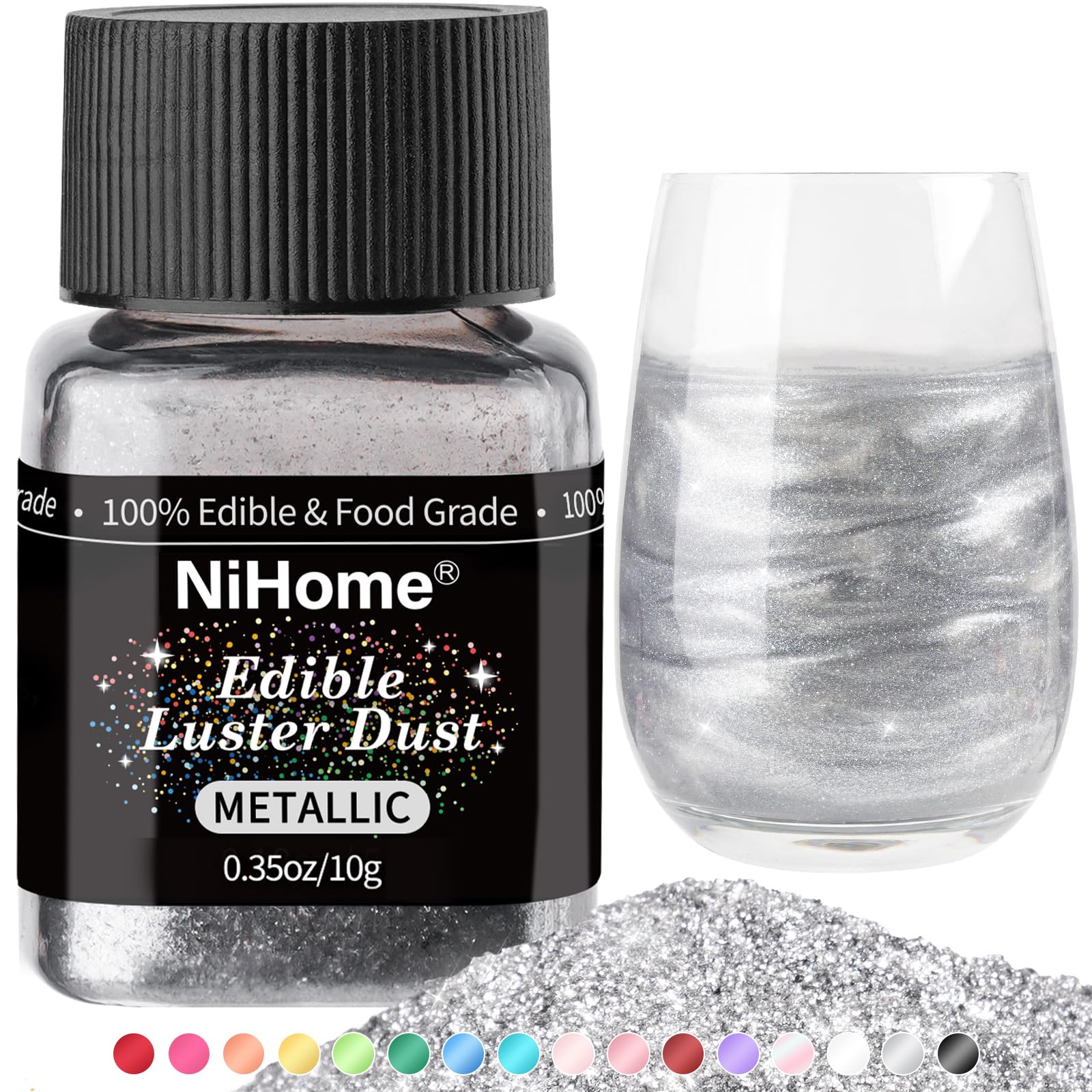 NiHome Edible Glitter Powder, Metallic, 10g/0.35oz, Vegan, Allergen-Free, Food Decorating Sprinkle for Cakes and Beverages