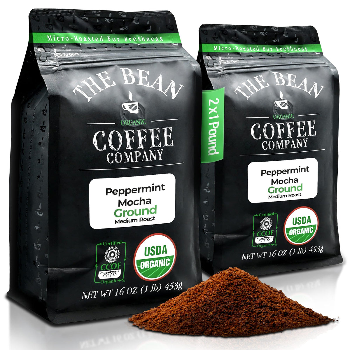 The Bean Organic Coffee Company Peppermint Mocha, Medium Roast, Ground Coffee, 16-Ounce Bags (Pack of 2), Caf   molido tostado o
