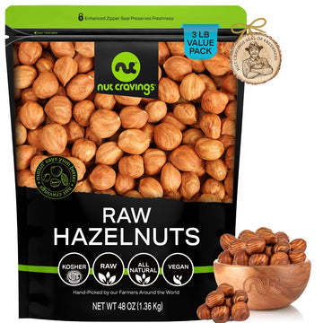 Nut Cravings - Raw Hazelnuts Filberts With Skin - Unsalted, Shelled, (48Oz - 3 Lb) Bulk Nuts Packed Fresh In Resealable Bag - Ko