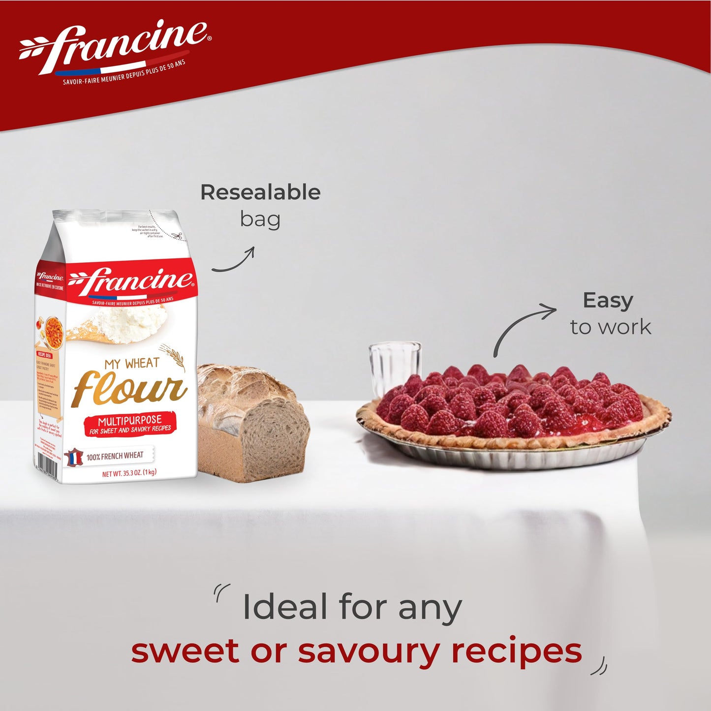 Francine Farine De Ble Tous Usages - French All Purpose Wheat Flour - 2.2 Lbs (2 Of Pack)