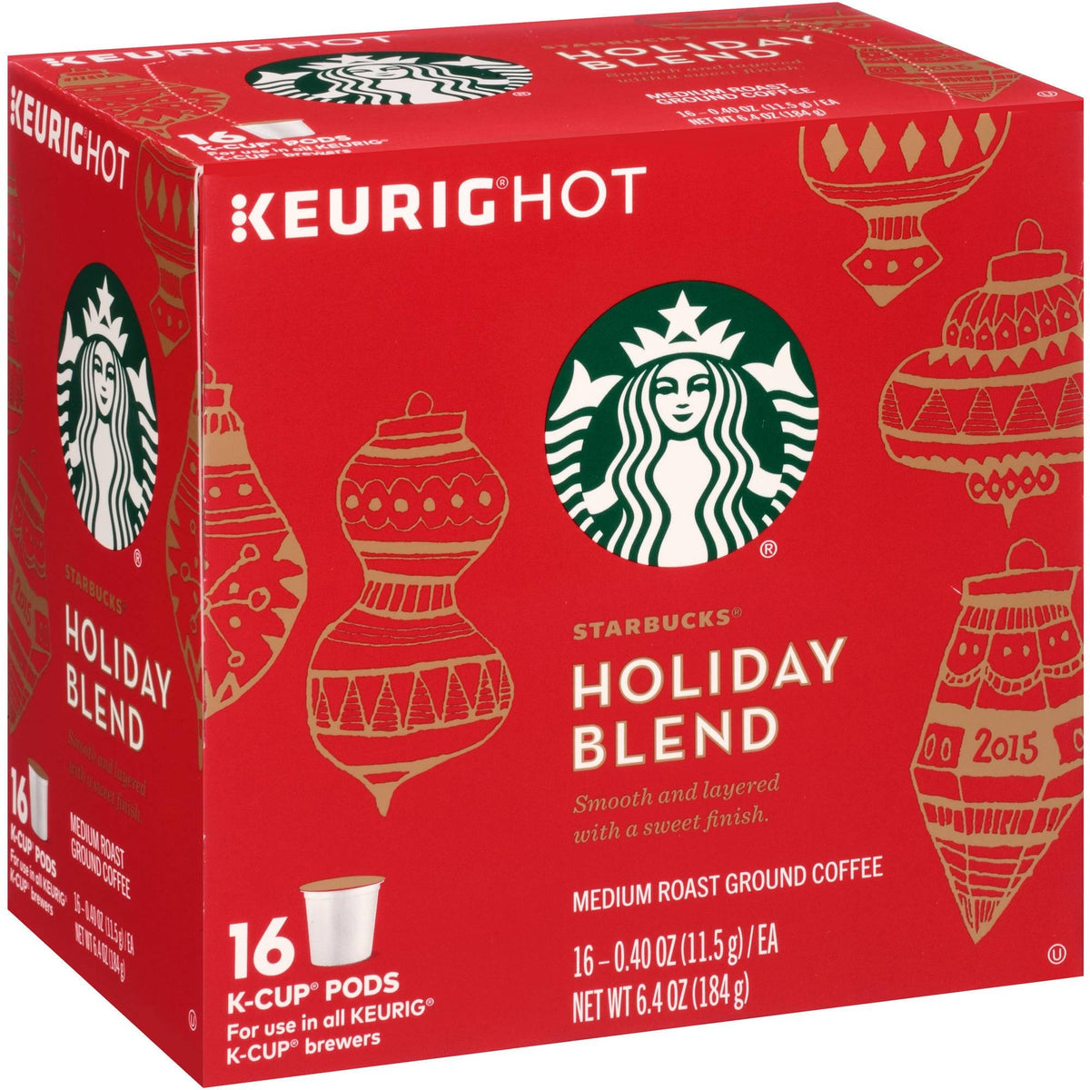 Starbucks Holiday Blend Medium Roast Ground Coffee K-Cups, 0.4 Oz, 16 Count