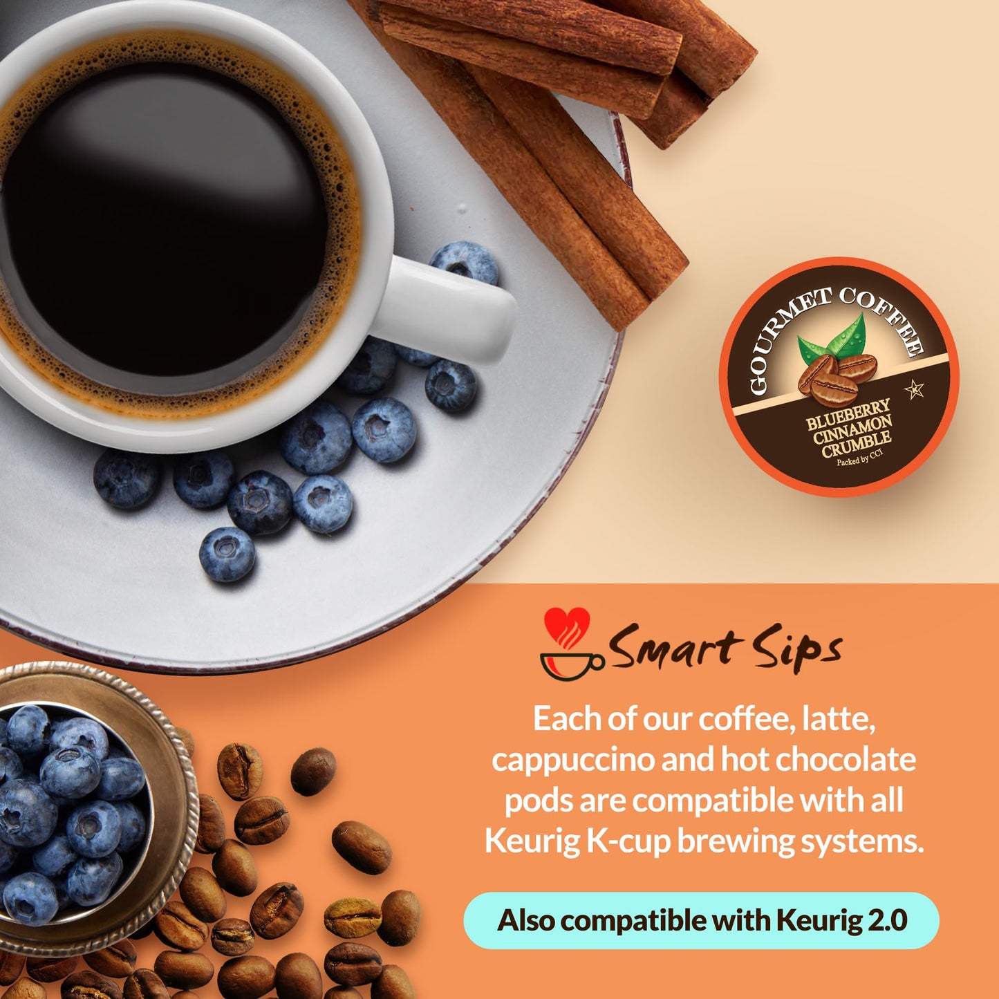 Smart Sips Coffee Blueberry Cinnamon Cspirit-inspired flavorble Medium Roast Single-Serve Pods 48 Count Compatible with K-Cup malt-inspired