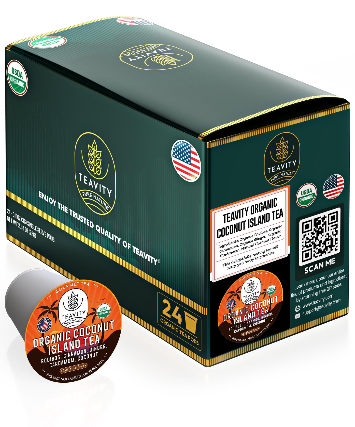 Coconut Rooibos Tea Pods for Keurig - Organic Ginger Tea, Rooibos, Cinnamon, Cardamom, Coconut by Coconut Island Teavity (24 Tea