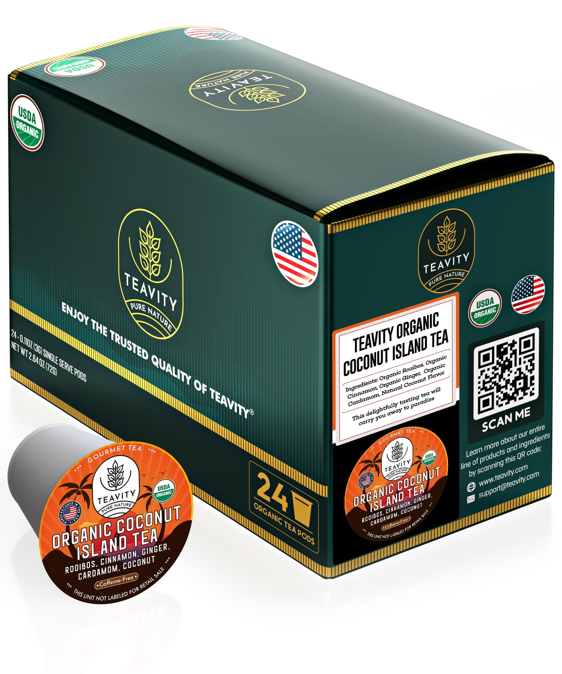 Coconut Rooibos Tea Pods for Keurig - Organic Ginger Tea, Rooibos, Cinnamon, Cardamom, Coconut by Coconut Island Teavity (24 Tea