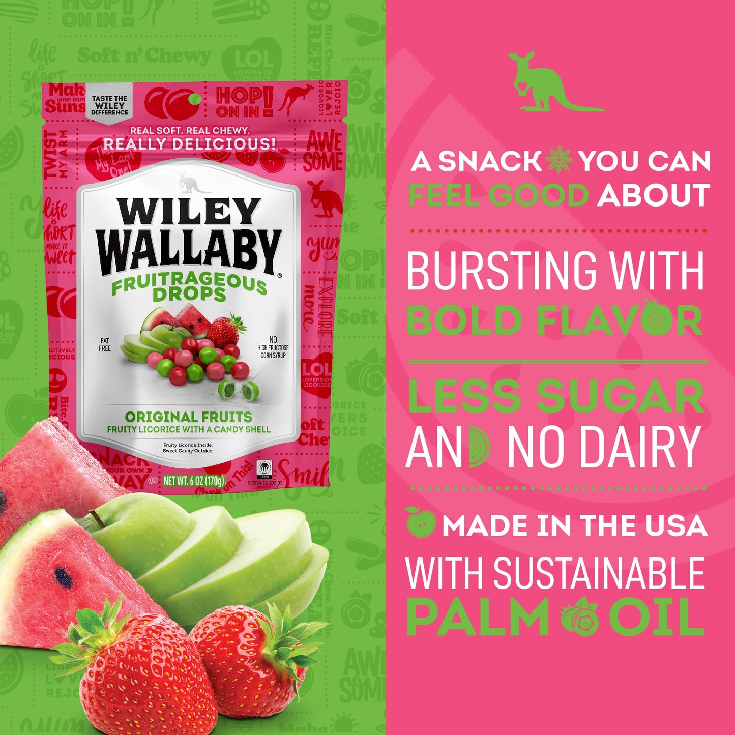 Wiley Wallaby 6 Oz. Fruitrageous Drops Original Fruits Gourmet Australian Style Soft & Chewy Licorice Candy Drops, 3 Pack