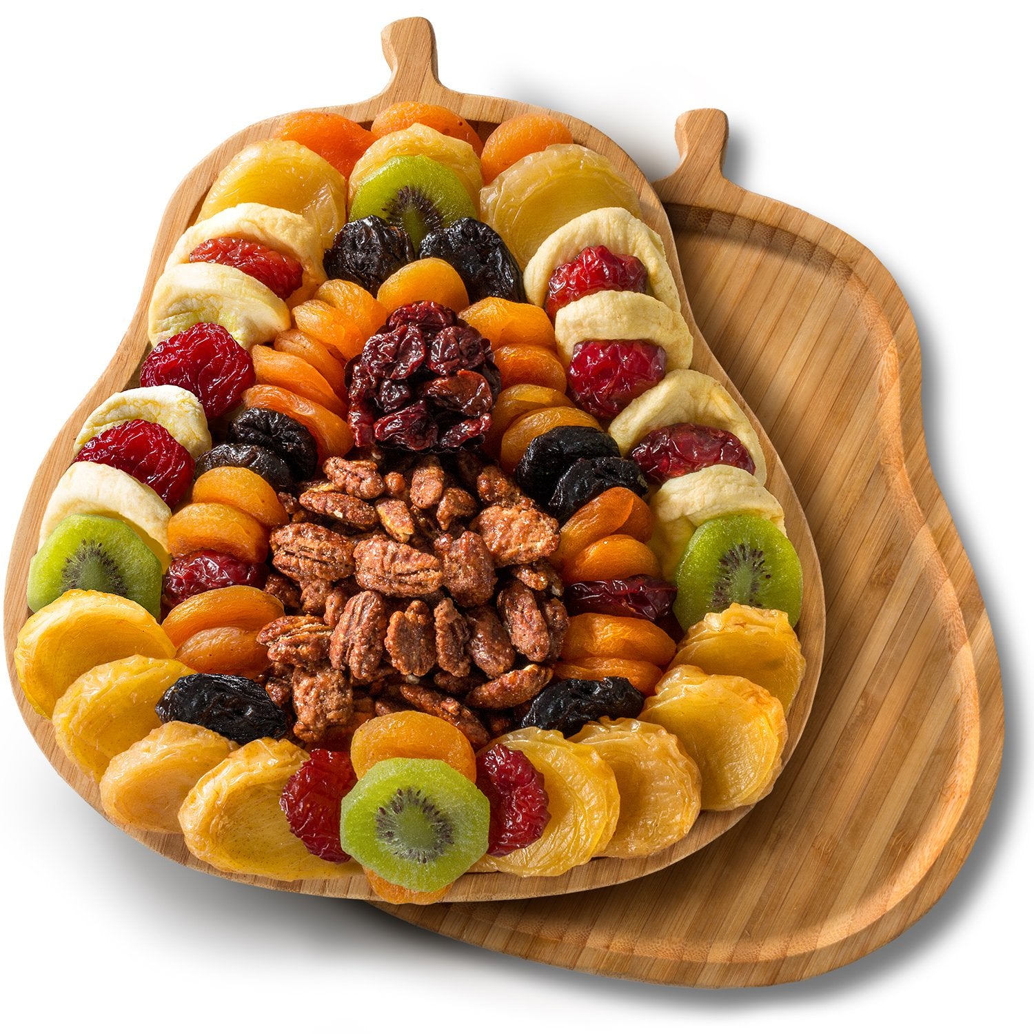 A Gift Inside Festive Dried Fruit and Butter Toffee Pecans on Bamboo Pear Shaped Cutting Board