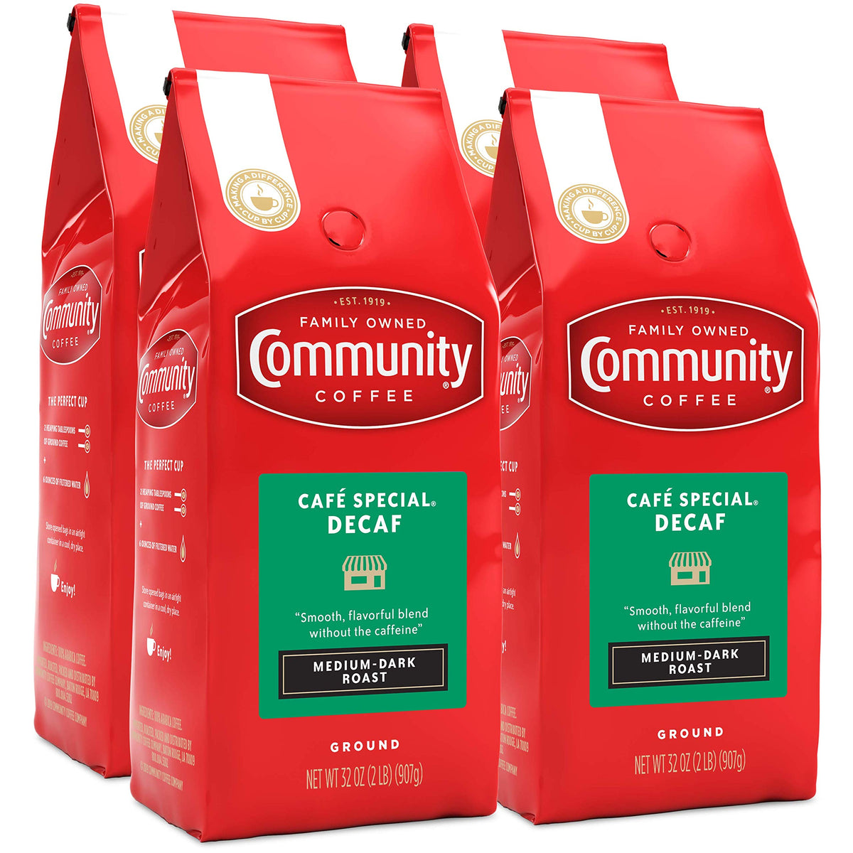 Community Coffee Caf? Special Decaf Ground Coffee  Medium Dark Roast  32 Ounce Bag (Pack of 4)