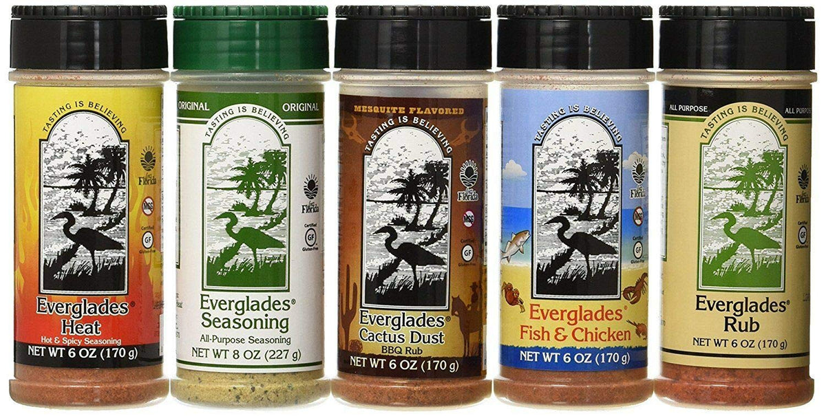 5 Pack Everglades Seasoning Sampler Cactus Dust Heat Fish & Chicken Rub 6 Oz Bottles 8 Oz All Purpose