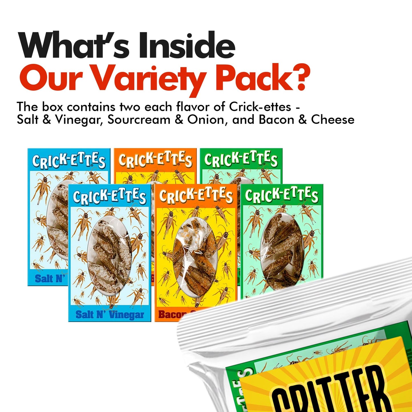 Hotlix Crick-Ettes Edible Bugs (6-Pack) | Salt N Vinegar, Bacon & Cheese, Sour Cream & Onion | Dried Crickets To Eat | Weird Snacks For Humans & Pets | Edible Crickets For Parties & Exotic Snacks